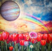 FOTOTAPETA KWIATY PLANETA CZERWONE TULIPANY TĘCZA