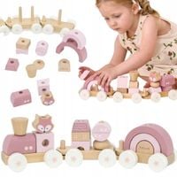 DREWNIANA Kolejka Pociąg z Wagonikami CIUCHCIA RÓŻOWA Klocki VIGA PolarB