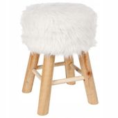 TABORET OKRĄGŁY Z POLIESTRU FUTRZANE SIEDZISKO DREWNO SOSNOWE 42 CM 30 CM