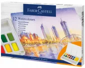 FABER-CASTELL Farby akwarelowe w kostkach 12k ZESTAW akwarele paleta pędzel