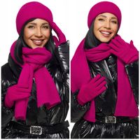 KOMPLET DAMSKI ZIMOWY SZAL CZAPKA RĘKAWICZKI SET ciepły dzianinowy fuksjowy