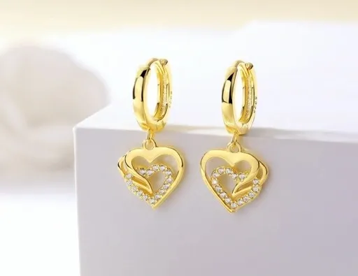 ZLOTE KOLCZYKI WISZĄCE SERCA, KOLCZYKI ANGIELSKIE SREBRO POZŁCANE zdjęcie 9