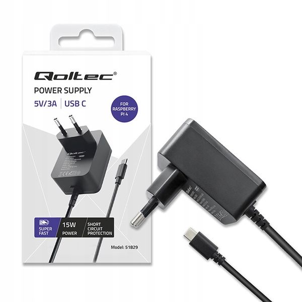 Qoltec Ładowarka Super FAST PD do Raspberry PI 4 USB-C 15W 5V 3A Czarna zdjęcie 8