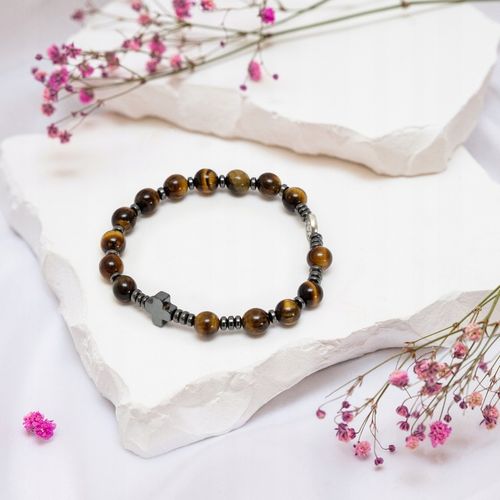 BRANSOLETKA Z KRZYŻEM RÓŻANIEC MĘSKA ŚW. BENEDYKT TYGRYSIE OKO HEMATYT na Arena.pl