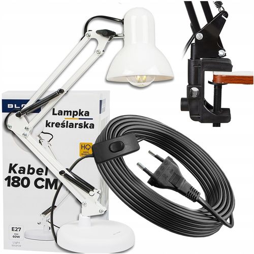 LAMPKA NOCNA KREŚLARSKA NA BIURKO BIURKOWA DO CZYTANIA KABEL 180CM E27 na Arena.pl