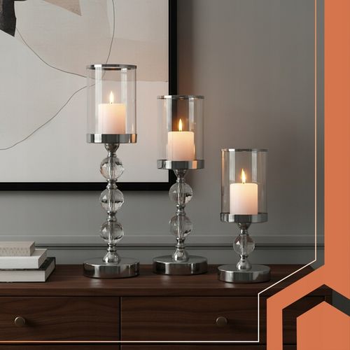 Świecznik Szklany Lampion Zestaw 1-2-3 Świeczniki na Nodze Srebrne na Arena.pl