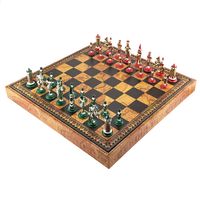 WŁOSKI ZESTAW FIGUR SZACHOWYCH METALOWYCH CAMELOT + SZACHOWNICA MAPA GLOBU