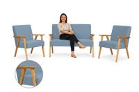 Zestaw wypoczynkowy sofa 2-os 2 fotele retro welur niebieski Soler Family
