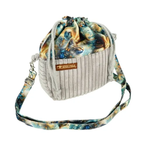 Torebka Sakiewka Sztruksowa Szara z Motywem Kosmicznych Kotów – Handmade na Arena.pl