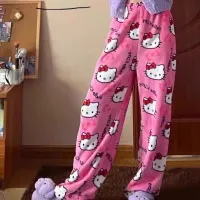 Spodnie do spania na Halloween, jesień i zima, ciepłe flanelowe spodnie damskie – Pink / L(US 8)