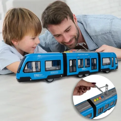 TRAMWAJ TROLEJBUS ZABAWKA NA BATERIĘ ŚWIATŁO DŹWIĘK OTWIERANE DRZWI 44CM na Arena.pl