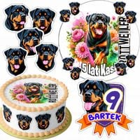 ZESTAW OPŁATEK NA TORT 20CM + 16 POSTACI - PSY Rottweiler + IMIĘ 15CM 18CM