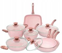 Zestaw garnków 13 elementów efekt granitu różowy uchwyt stalowy Stonerose