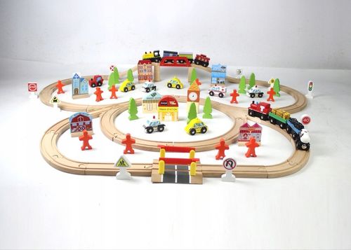 WIELKA KOLEJKA DREWNIANA TOR POCIĄG AUTKA 100 el. na Arena.pl