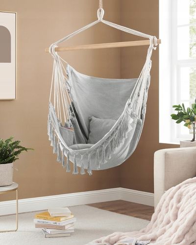 KRZESŁO BRAZYLIJSKIE FOTEL WISZĄCY HAMAK HUŚTAWKA JASNY SZARY Z PODUSZKAMI na Arena.pl