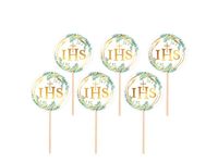 Pikery dekoracyjne, I Komunia Święta- Kółko z IHS i eukaliptusem 4.5cm 6szt