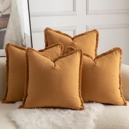 Zestaw 4 Poszewek Bawełnianych Boho z Frędzlami 60x60 cm Pomarańcz Brąz na Arena.pl