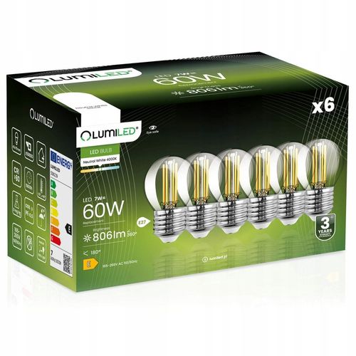 6x Żarówka LED E27 Kulka 7W 806lm 4000K Neutralna CCD 360° Filament na Arena.pl