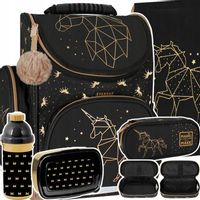 TORNISTER PLECAK SZKOLNY CZARNY ZŁOTY JEDNOROŻEC PIÓRNIK TUBA BIDON 5EL