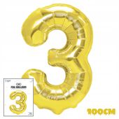 BALON FOLIOWY CYFRĄ CYFERKA 3 ZŁOTA NA IMPREZE URODZINOWĄ PRZYJĘCIE 100cm
