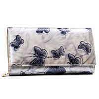 PETERSON portfel skórzany elegancki lakierowany z motylami P220 srebrny