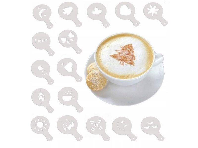 TG66809 SZABLONY DO DEKORACJI KAWY CIAST DESERÓW 16SZT LATTE CAPPUCCINO zdjęcie 1