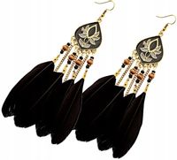 Kolczyki Boho Retro Wiszące Długie Piórka Pióra  F102_Czarne