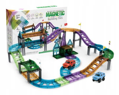 KLOCKI MAGNETYCZNE DLA DZIECI EDUKACYJNE PANELE KOLEJKA TOR + 2 AUTKA 59 EL na Arena.pl