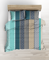 Pościel z kory 160x200 turkus beż szara pionowe pasy romby geometria