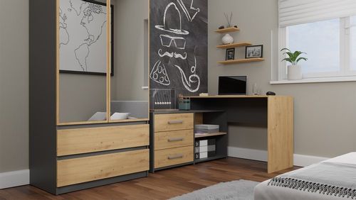 BIURKO NAROŻNE + KOMODA DANY ANTRACYT / DĄB ARTISAN na Arena.pl