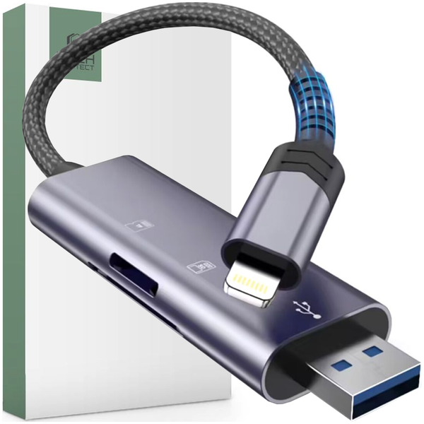 tech-protect ultraboost card reader sd & micro sd lightning & usb grey zdjęcie 1