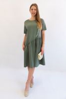 Oliwkowa Sukienka Midi z Krótkim Rękawem UNI