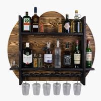 Drewniany barek na ścianę półka barowa ścienna na alkohol i kieliszki – barek wiszący loft vintage BURNED