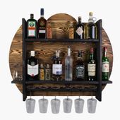 Drewniany barek na ścianę półka barowa ścienna na alkohol i kieliszki – barek wiszący loft vintage BURNED