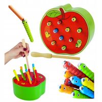 Złap Robaczka Gra Zręcznościowa Magnetyczna Drewniane Jabłko Montessori