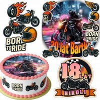 ZESTAW OPŁATEK NA TORT 20CM + 16 POSTACI - MOTOCYKL MOTOR + IMIĘ 15CM 18CM