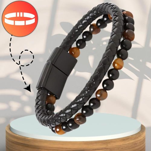Męska bransoletka skórzana z naturalnymi kamieniami koraliki na Arena.pl