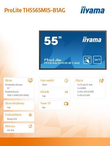 IIYAMA 55'' TH5565MIS-B1AG IPS, 24/7, LIGHT SENSOR INFRARED na Arena.pl