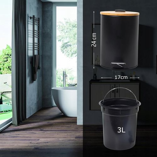 ŁAZIENKOWY KOSZ NA ŚMIECI 3L OKRĄGŁY CZARNY MAT BAMBUS Z PEDAŁEM na Arena.pl