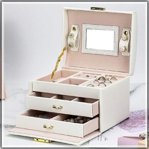 SZKATUŁKA KUFEREK NA BIŻUTERIĘ POJEMNY ELEGANCKI PUDEŁKO Z LUSTERKIEM BIAŁE na Arena.pl