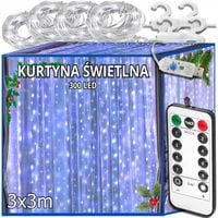 KURTYNA ŚWIETLNA 300LED 3x3m LAMPKI BIAŁA ZIMNA+ PILOT