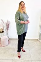 Oliwkowa Zwiewna Tunika Damska z Koronką i Cekinami UNI