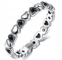 pierścionek obrączka czarne serduszka cyrkonie srebro rozm. 17