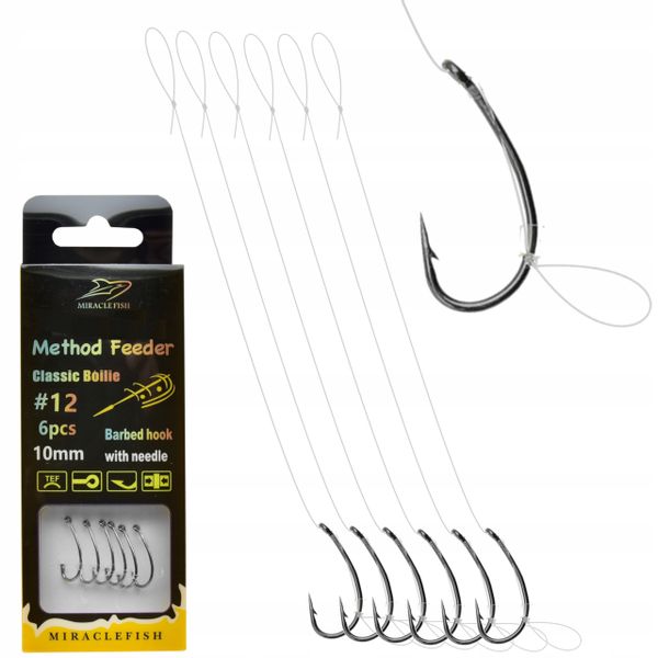 6x Haczyki Method Feeder na żyłce z włosem r 12 zdjęcie 1