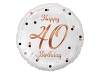 Balon foliowy "B&C Happy 40 Birthday", biały, nadruk różowo-złoty, 45 cm