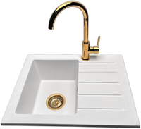 Zlewozmywak jednokomorowy z ociekaczem ARAGON biały z prawym ociekaczem + bateria złota