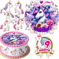 ZESTAW OPŁATEK NA TORT 20CM + 16 POSTACI - JEDNOROŻEC + IMIĘ 15CM 18CM