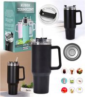 Kubek Termiczny Ze Słomką Termos Na Kawę Herbatę 1200 ML Czarny XXL