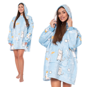 Bluza Koc Oversize z Kapturem Gruba Sherpa Błękitna w Koty 2w1 Prezent