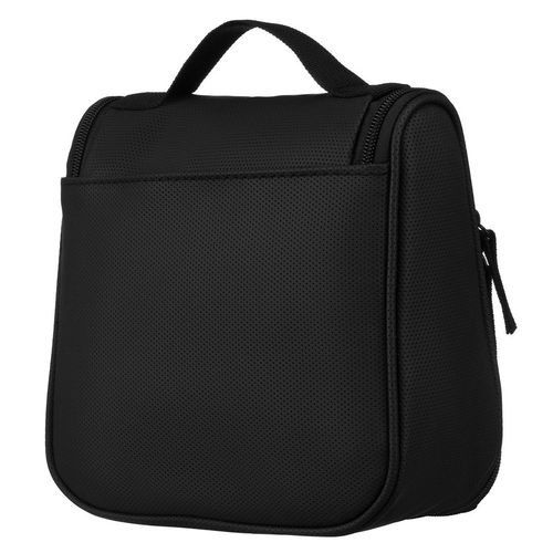 syntetyczna kosmetyczka podróżna w czarnym kolorze z haczykiem zamykana na Arena.pl